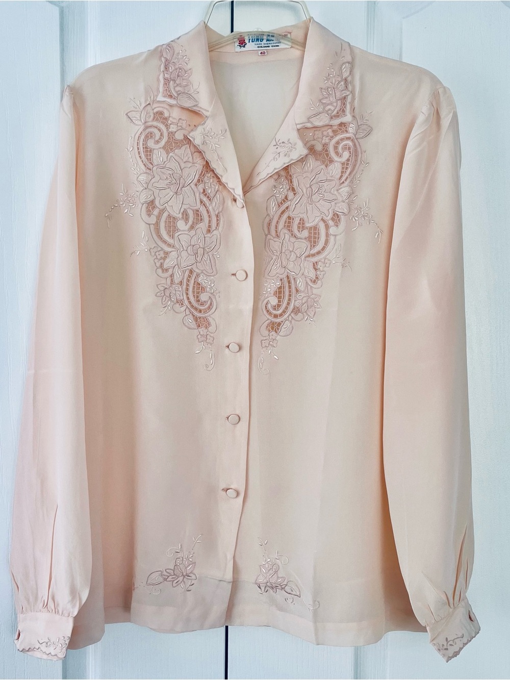 Vtg Tung Ah Chinese 100% Silk Blouse Hand Embroidered Cut Work Sheer Pink 40 (M)